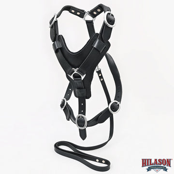 Large Leather Dog Harness Black Padded Genuine Matching Leash Hilason